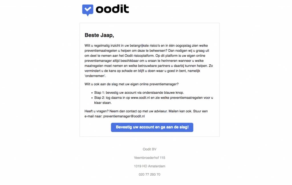 Risico preventie en beheer uitnodigingsmail