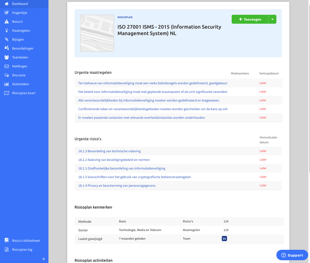 Dashboard Oodit Kwaliteitsbeheer Risicoplan